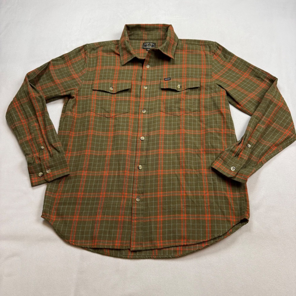 Dark Seas Division Mens LG Olive Green Orange Plaid Maxville Woven Flannel Shirt